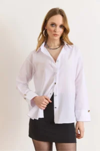 Olalook Women's White Cuff Detailed Comfortable Shirt - Image 2