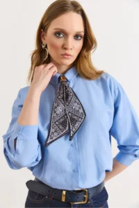 Olalook Women's Blue Scarf Detailed Comfortable Fit Shirt
