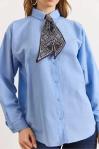Olalook Women's Blue Scarf Detailed Comfortable Fit Shirt - Image 3