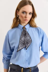 Olalook Women's Blue Scarf Detailed Comfortable Fit Shirt - Image 4