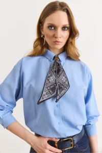 Olalook Women's Blue Scarf Detailed Comfortable Fit Shirt - Image 5