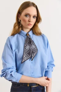 Olalook Women's Blue Scarf Detailed Comfortable Fit Shirt - Image 6