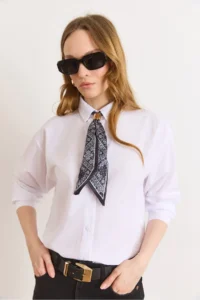 Olalook Women's White Scarf Detailed Comfortable Fit Shirt - Image 2