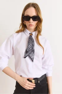 Olalook Women's White Scarf Detailed Comfortable Fit Shirt - Image 4