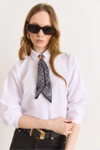 Olalook Women's White Scarf Detailed Comfortable Fit Shirt - Image 5