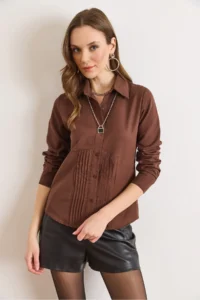Olalook Women's Brown Front Darts Slim Fit Woven Shirt - Image 2