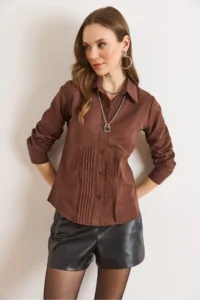 Olalook Women's Brown Front Darts Slim Fit Woven Shirt - Image 3