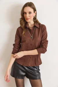 Olalook Women's Brown Front Darts Slim Fit Woven Shirt - Image 4