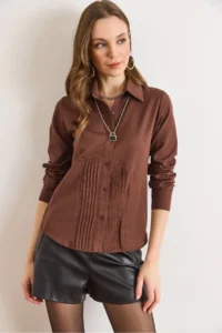 Olalook Women's Brown Front Darts Slim Fit Woven Shirt - Image 5