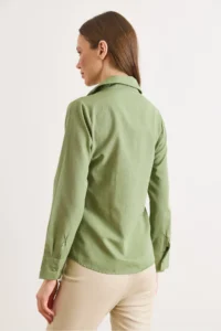 Olalook Women's Green Green Slim Fit Woven Shirt with Darts on the Front - Image 2