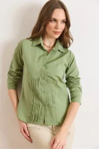 Olalook Women's Green Green Slim Fit Woven Shirt with Darts on the Front - Image 3