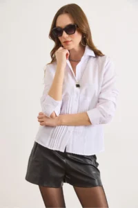 Olalook Women's White Front Darts Slim Fit Woven Shirt - Image 2