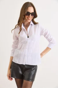 Olalook Women's White Front Darts Slim Fit Woven Shirt - Image 3