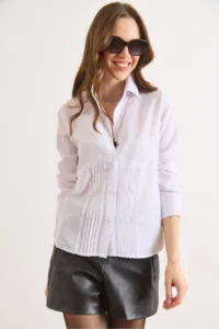 Olalook Women's White Front Darts Slim Fit Woven Shirt - Image 4