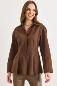 Olalook Women's Brown Hidden Placket Sewing Detailed Peplum Shirt