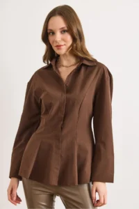 Olalook Women's Brown Hidden Placket Sewing Detailed Peplum Shirt - Image 2