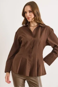 Olalook Women's Brown Hidden Placket Sewing Detailed Peplum Shirt - Image 3