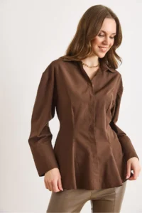 Olalook Women's Brown Hidden Placket Sewing Detailed Peplum Shirt - Image 4