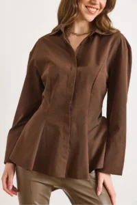 Olalook Women's Brown Hidden Placket Sewing Detailed Peplum Shirt - Image 5