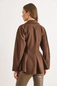 Olalook Women's Brown Hidden Placket Sewing Detailed Peplum Shirt - Image 6