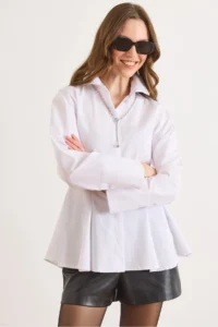 Olalook Women's White Hidden Placket Sewing Detailed Peplum Shirt