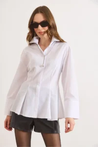 Olalook Women's White Hidden Placket Sewing Detailed Peplum Shirt - Image 2
