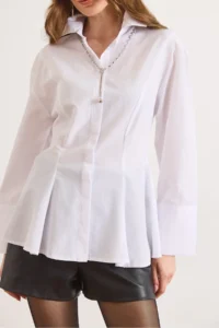 Olalook Women's White Hidden Placket Sewing Detailed Peplum Shirt - Image 3