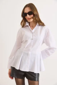 Olalook Women's White Hidden Placket Sewing Detailed Peplum Shirt - Image 4