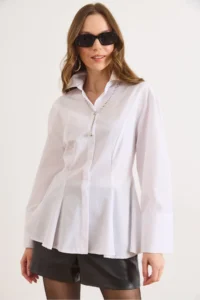 Olalook Women's White Hidden Placket Sewing Detailed Peplum Shirt - Image 5