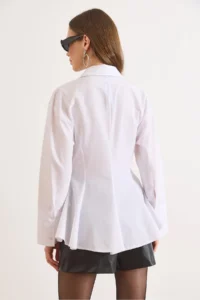 Olalook Women's White Hidden Placket Sewing Detailed Peplum Shirt - Image 6