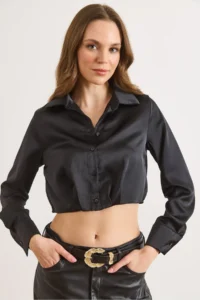 Olalook Women's Black Skirt Darted Crop Satin Shirt - Image 2