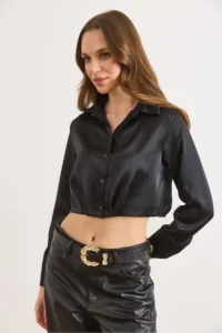 Olalook Women's Black Skirt Darted Crop Satin Shirt - Image 3