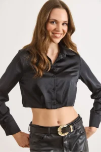 Olalook Women's Black Skirt Darted Crop Satin Shirt - Image 4