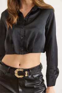 Olalook Women's Black Skirt Darted Crop Satin Shirt - Image 6