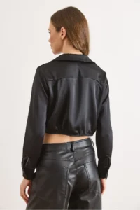 Olalook Women's Black Skirt Darted Crop Satin Shirt - Image 7