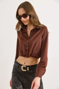 Olalook Women's Brown Skirt Darted Crop Satin Shirt
