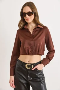 Olalook Women's Brown Skirt Darted Crop Satin Shirt - Image 2