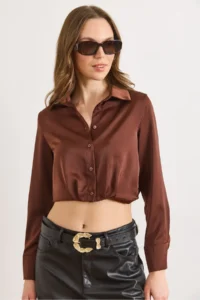 Olalook Women's Brown Skirt Darted Crop Satin Shirt - Image 3