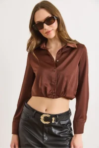 Olalook Women's Brown Skirt Darted Crop Satin Shirt - Image 4