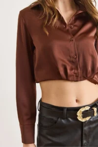 Olalook Women's Brown Skirt Darted Crop Satin Shirt - Image 5