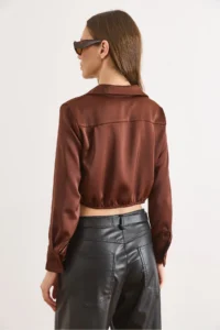 Olalook Women's Brown Skirt Darted Crop Satin Shirt - Image 6