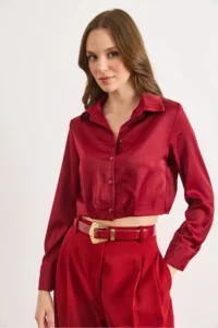 Olalook Women's Burgundy Skirt Darted Crop Satin Shirt - Image 2