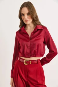 Olalook Women's Burgundy Skirt Darted Crop Satin Shirt - Image 3