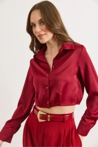 Olalook Women's Burgundy Skirt Darted Crop Satin Shirt - Image 4