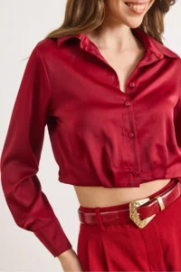 Olalook Women's Burgundy Skirt Darted Crop Satin Shirt - Image 5