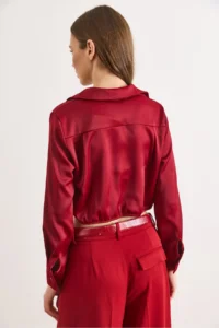 Olalook Women's Burgundy Skirt Darted Crop Satin Shirt - Image 6
