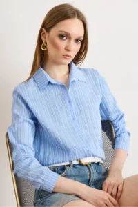 Olalook Women's Blue Striped Loose Woven Shirt