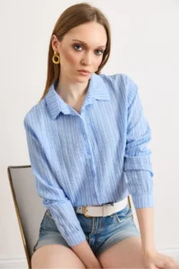 Olalook Women's Blue Striped Loose Woven Shirt - Image 2