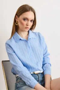 Olalook Women's Blue Striped Loose Woven Shirt - Image 3