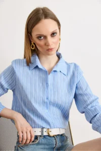 Olalook Women's Blue Striped Loose Woven Shirt - Image 4